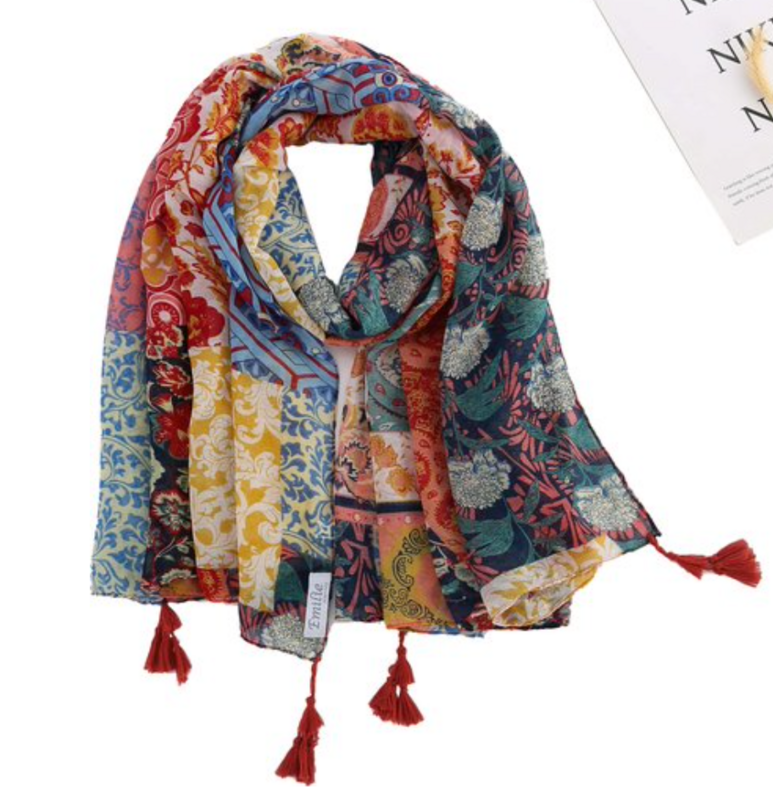 Ibiza Floral Print Scarf with Tassels