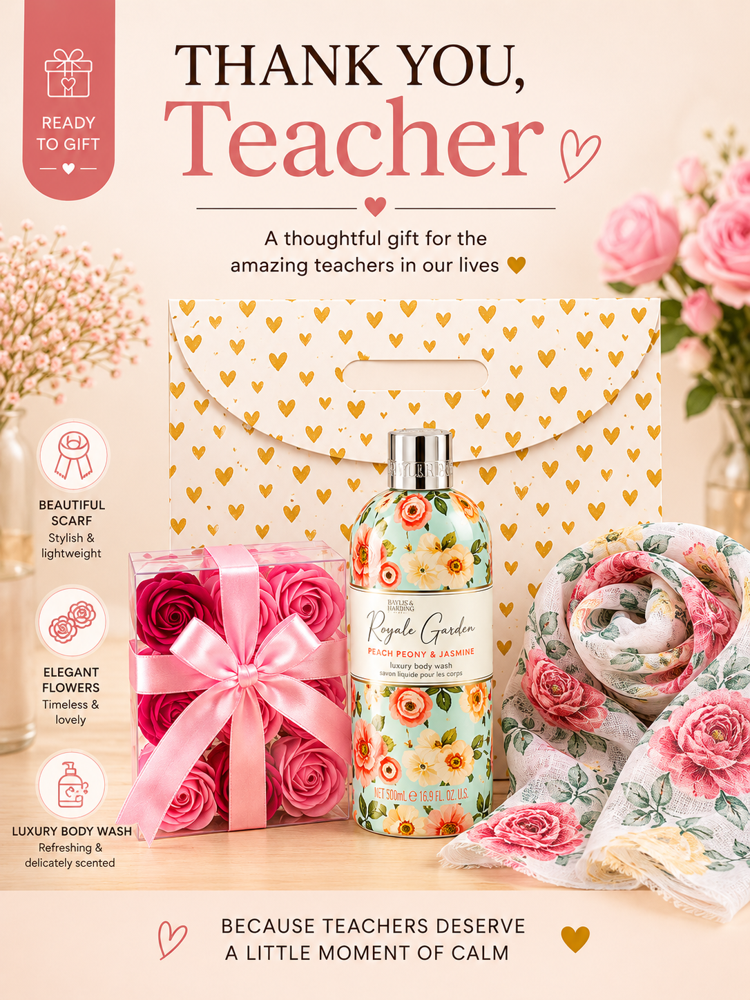 Thank You Teacher Gift Set | Scarf, Body Wash & Soap Flowers