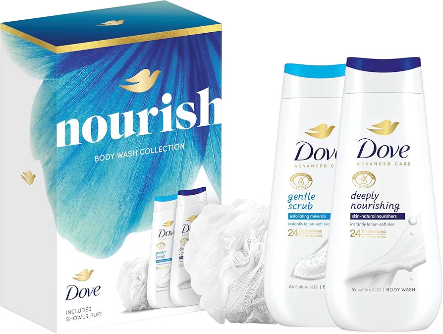 Dove Gift Set Nourish Duo with two body washes and a Shower Puff perfect gifts for her