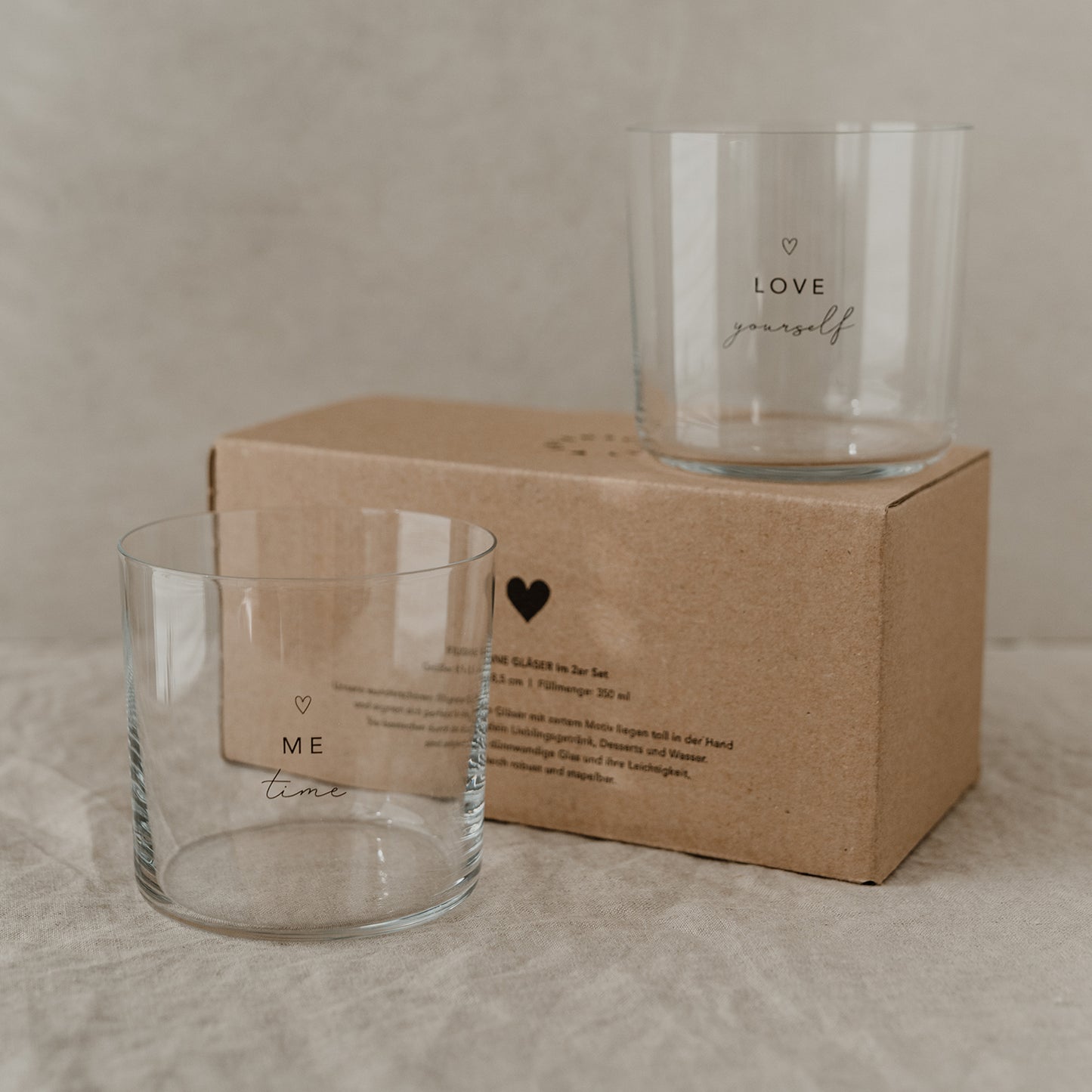 Drinking glass in a set of 2 Self love
