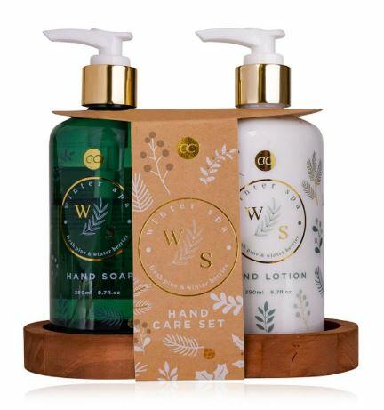 Winter spa hand care set with wooden tray