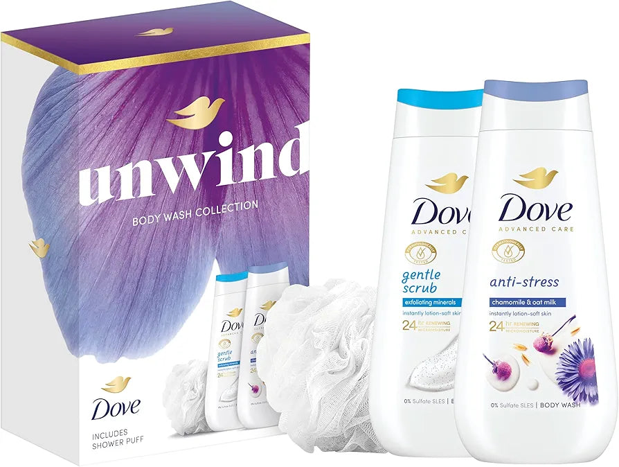 Dove Gift Set Unwind Duo with two body washes and a Shower Puff perfect gift for her