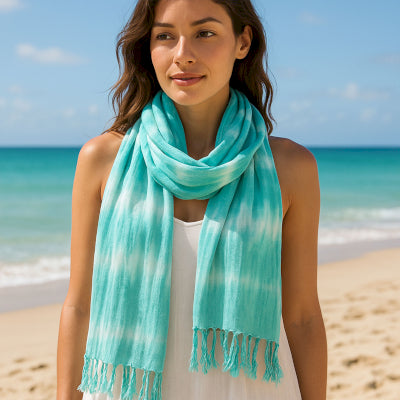 Boho Java Art Scarf - Teal Stripes & Motiff