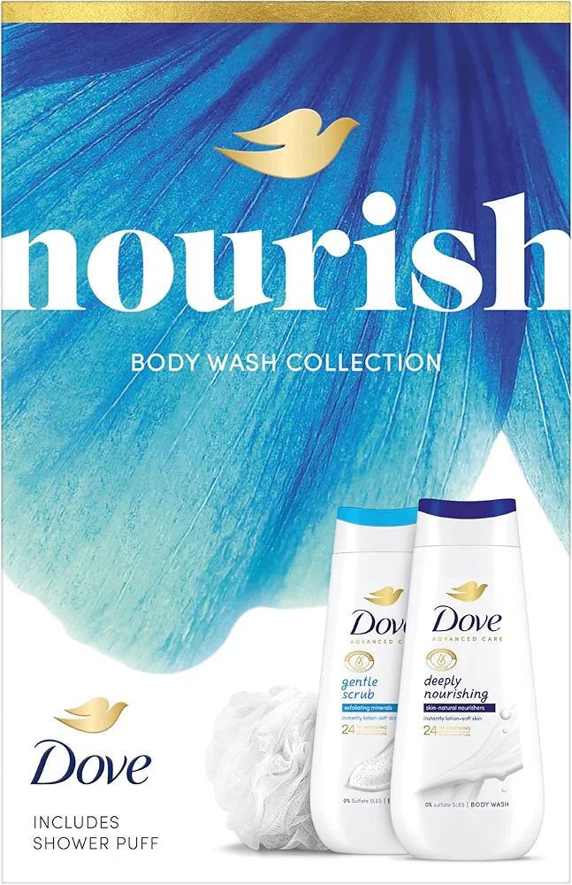 Dove Gift Set Nourish Duo with two body washes and a Shower Puff perfect gifts for her