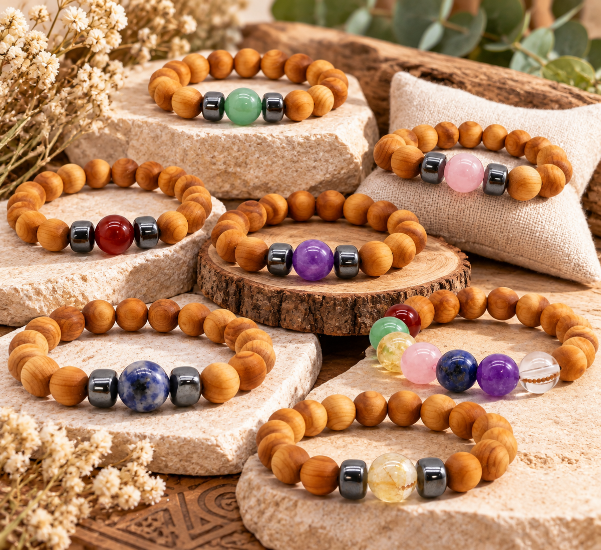 Cedarwood Chakra Bangles – Choose Your Gemstone