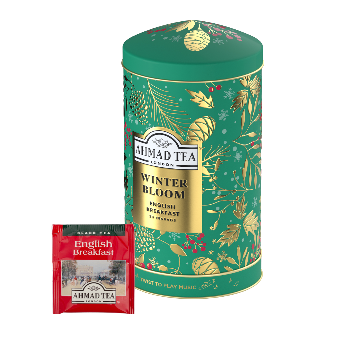 Ahmad Tea Winter Bloom Musical English Breakfast Tea Caddy – 30 Tea Bags