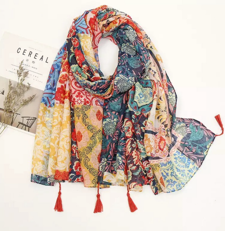 Ibiza Floral Print Scarf with Tassels