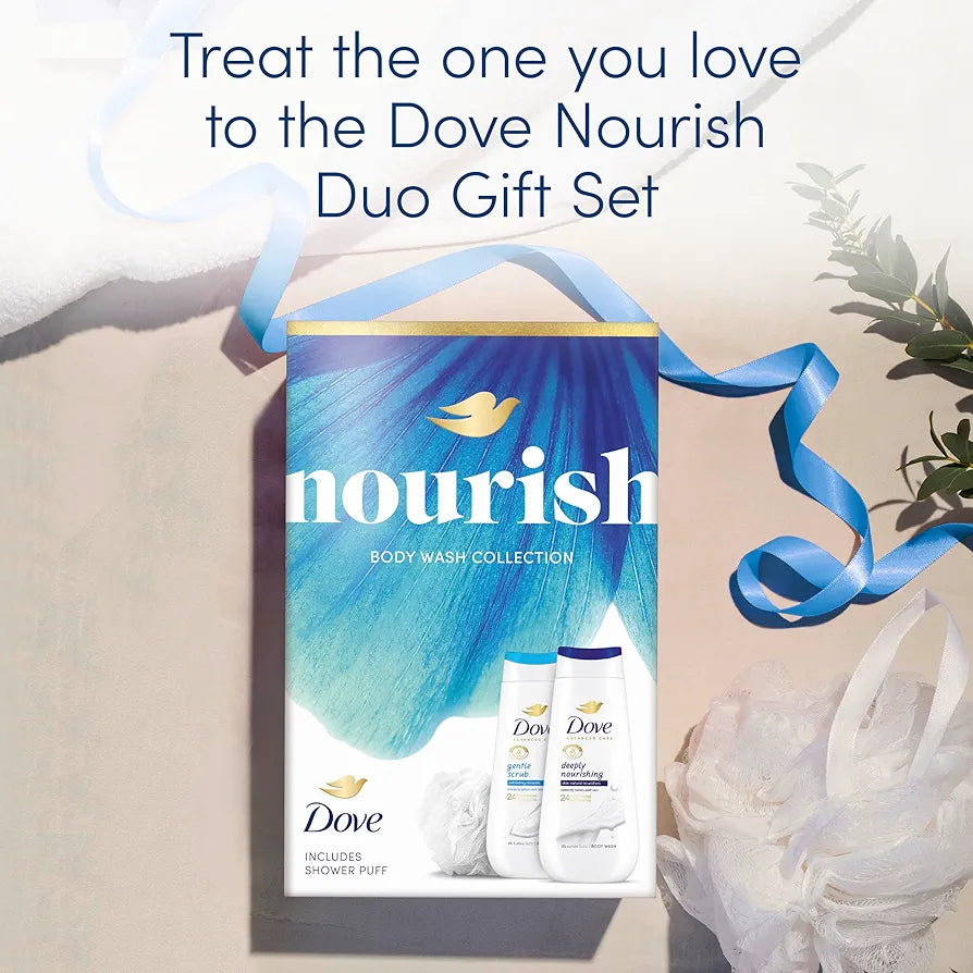 Dove Gift Set Nourish Duo with two body washes and a Shower Puff perfect gifts for her