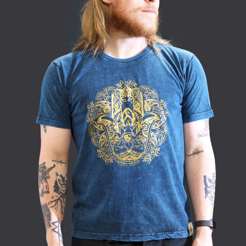 Stone Washed T-Shirt - Hamsa - Blue