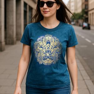 Stone Washed T-Shirt - Hamsa - Blue