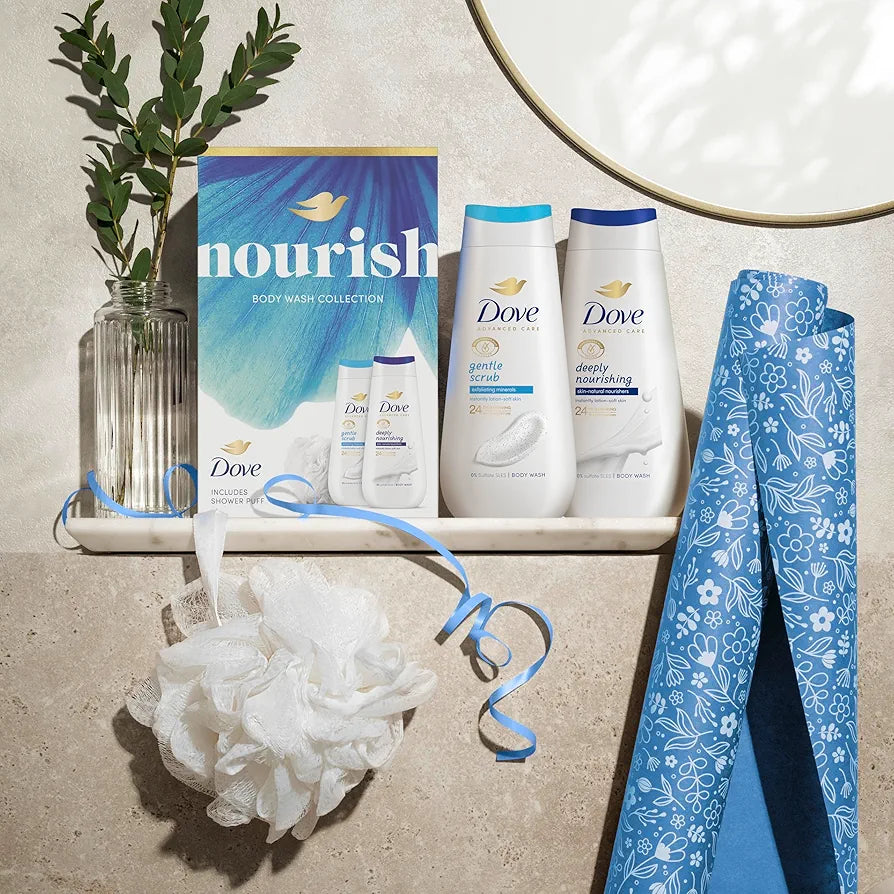 Dove Gift Set Nourish Duo with two body washes and a Shower Puff perfect gifts for her