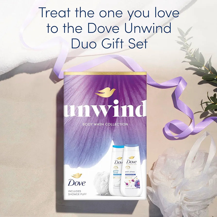 Dove Gift Set Unwind Duo with two body washes and a Shower Puff perfect gift for her