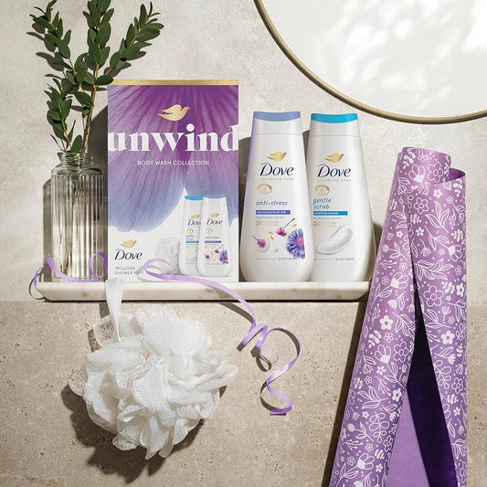 Dove Gift Set Unwind Duo with two body washes and a Shower Puff perfect gift for her