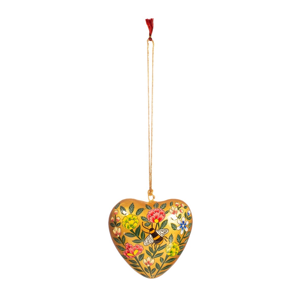 Kashmiri Floral Heart With Bee Papier Mache Hanging Decoration